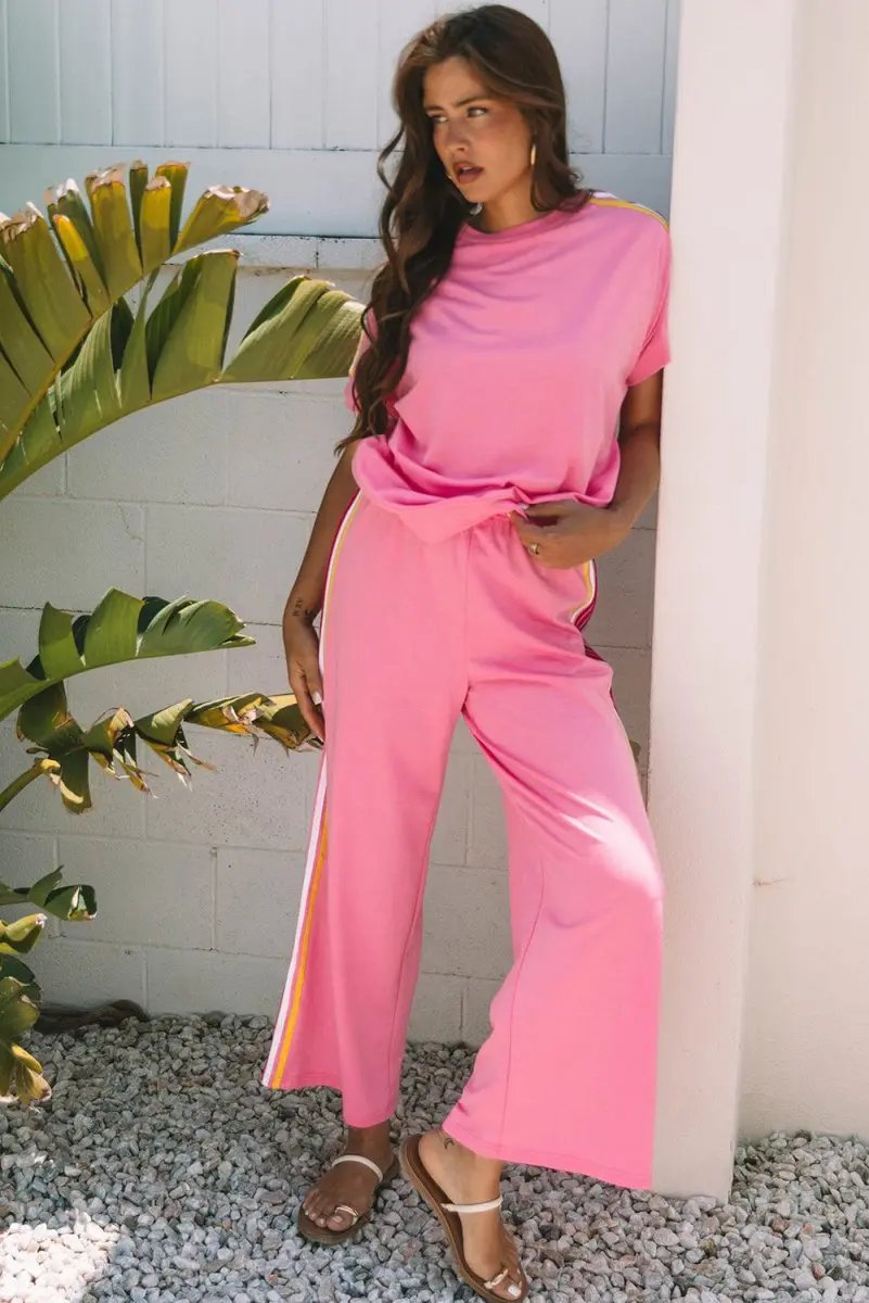 Bonbon Color Contrast Crewneck T Shirt and Wide Leg Pants Set - Love Salve